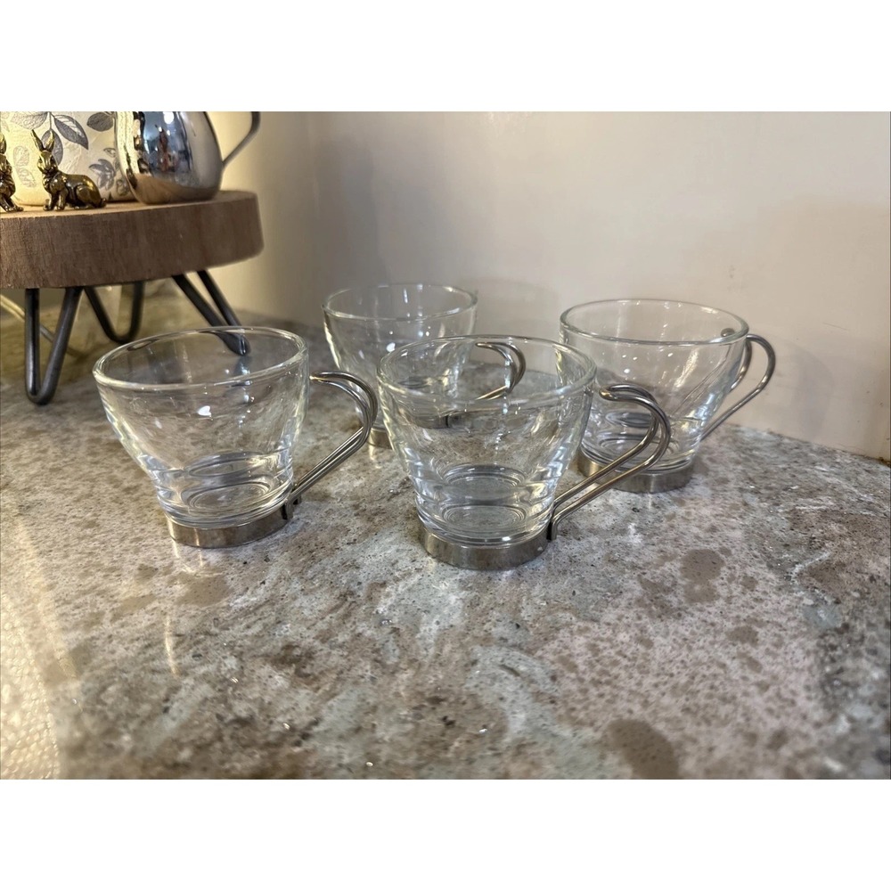 Set of 4, Bormioli Rocco Espresso Coffee Glass Cups Mugs Stainless Handles - Picture 2 of 8